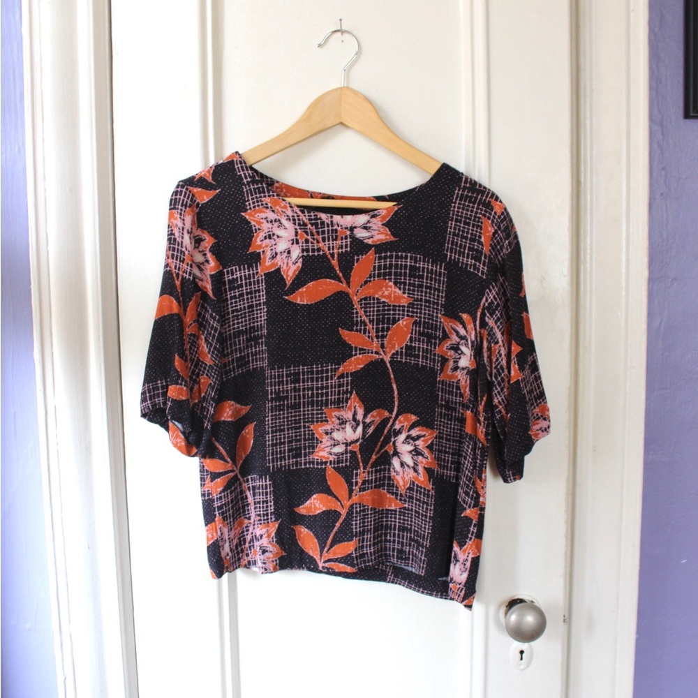 The Odell’s Purple Floral Boxy Top with Orange Accents